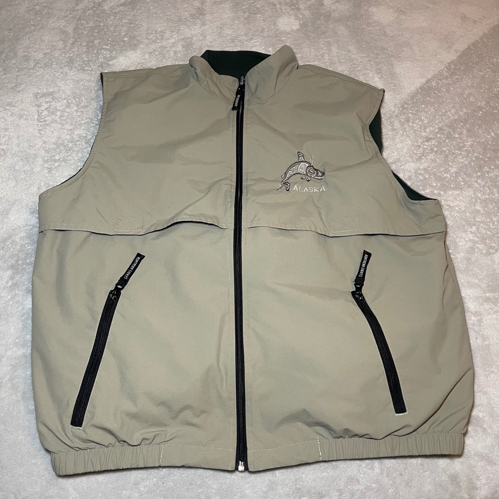 Alaska Northern Lights Reversible Vest Mens Khaki‎ Green Large Fleece Fishing